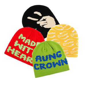 Topi rajutan beanie jacquard bolak-balik tanpa manset dengan huruf, warna blok, grafis Y2k, rajutan akrilik - Product Image 1
