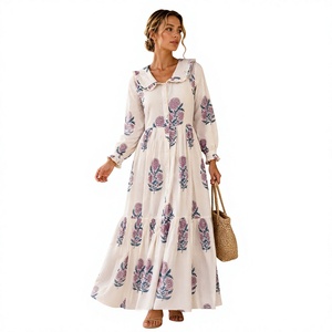 <b>Women's</b> Boho Maxi <b>Dress</b> V-neck <b>Long</b> Sleeve Fit Flare Loose Fit Woven Natural Eco-Friendly Breathable Cotton Summer Casual <b>Dress</b> - Product Image 1