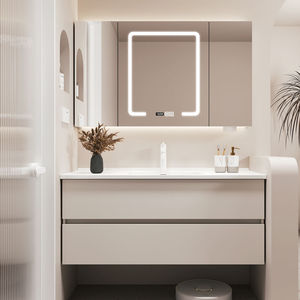 Meuble de salle de bain noir simple avec miroir intelligent, armoire suspendue et lavabo blanc - Product Image 3