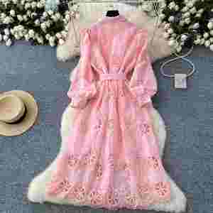 Robe Tunique Décontractée Mi-Longue Hiver Style Féérique pour Femme, Manches Lanterne, Broderie Empire, Dentelle Évidée, Noir et Blanc - Product Image 4