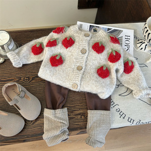 Tongxingyuan Baby Girls Strawberry Cardigan Sweater Set With Leggings Spring Autumn Thin Breathable Pants Set - Product Image 4