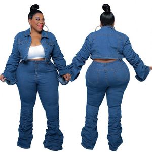 Otoño e Invierno Tallas grandes Ropa de mujer Abrigo de mezclilla de manga larga y conjunto de pantalones de dos piezas apilados - Product Image 1