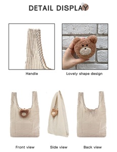 <b>Cute</b> Animal Charm Foldable Shopping Bag Gingham Reusable Grocery Tote Vest Bag with Plush <b>Bear</b> Pouch Girls Gift Bakery Market - Product Image 3