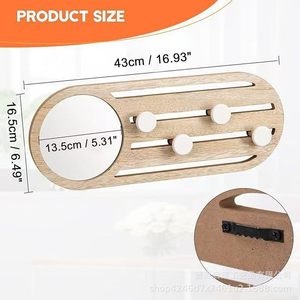 Perchero de madera con espejo y ganchos, montado en la pared para recibidor, dormitorio, sala de estar, estante de almacenamiento extraíble - Product Image 4