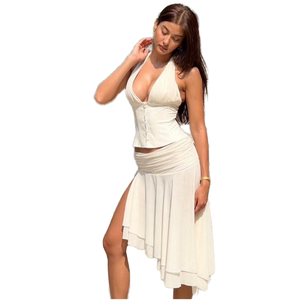 Women's White Halter Two-Piece <b>Set</b> Chiffon Asymmetrical Skirt With Button Top Spring Summer <b>Sexy</b> Club Wear - Product Image 1
