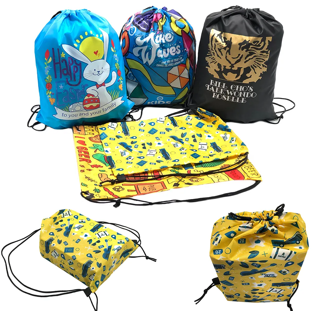 Bolsas de regalo promocionales Bolsas de embalaje con logotipo personalizado Bolsas de cordón de compras hechas de poliéster de nylon