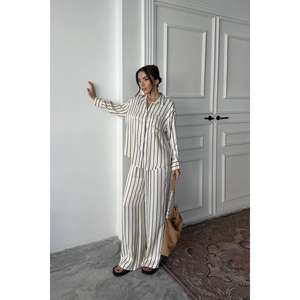 Ensemble de vêtements de nuit en satin rayé bleu pour femmes, manches longues, décontracté, deux pièces, tissu lisse, pyjama - Product Image 6