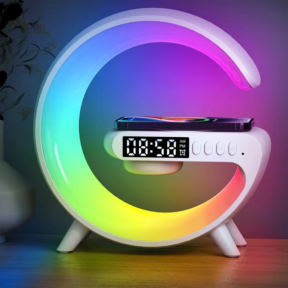Hoparlör ile kablosuz şarj lambaları çalar saat Mini G şekli akıllı masa lambası