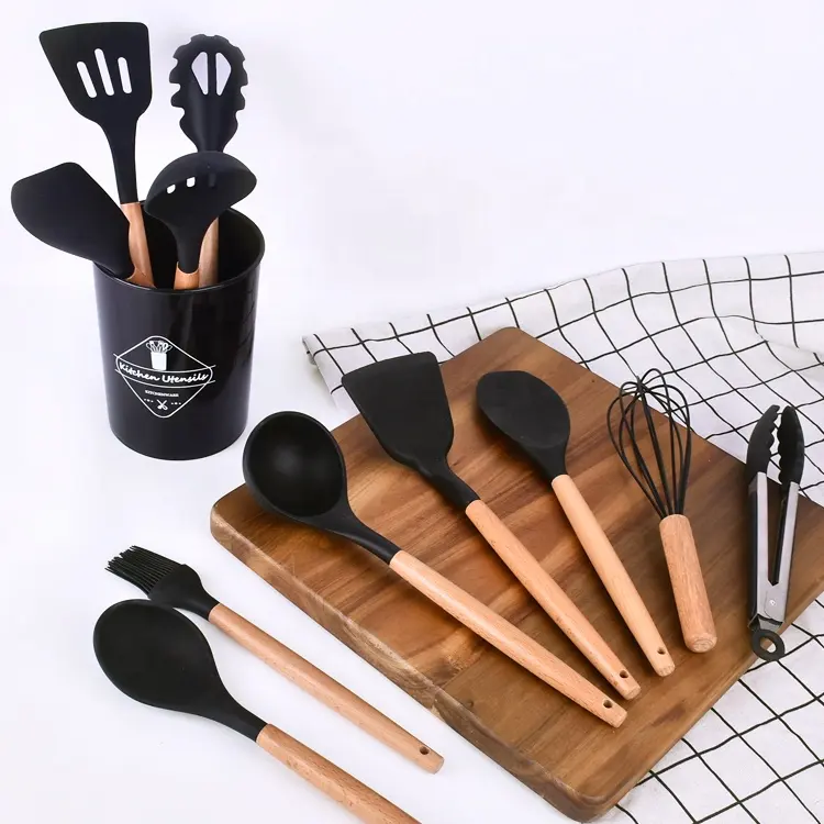 ArtSample hot sale home wooden silicone cooking kitchen tools utensils set with holder