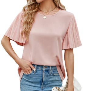 Camisa de Manga Corta con Cuello Redondo y Pliegues de Seda de Hielo para Mujer, a la Moda - Product Image 5