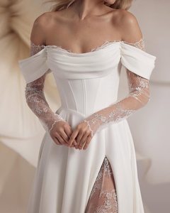 Robe de mariée sirène/trompette sans bretelles en dentelle, satin blanc haut de gamme, antistatique, longueur ras du sol avec traîne - Product Image 4