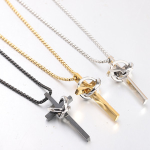 Stainless Steel <b>Cross</b> Pendant Necklace 18mm Double Ring Design For Women Daily Wear - Product Image 1