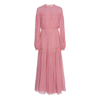 Robe longue plissée rose pour femme, élégante et personnalisée, en mousseline brodée, col en V, manches longues lanternes, avec panneaux en dentelle et volants