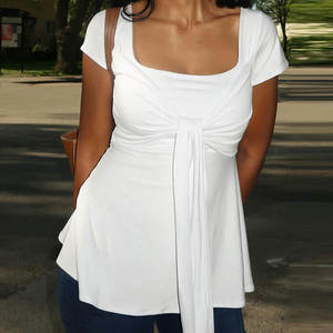 Short Sleeve Bow Tie Top Square Neck A Line Solid Basic Summer Fashion Casual T <b>Shirt</b> new arrival bow t <b>shirt</b> - Product Image 4