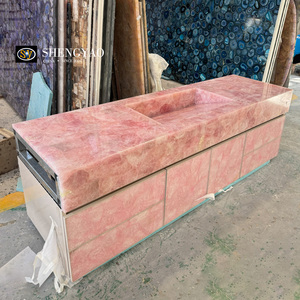 Mini Isla de cocina de lujo ovalada personalizada, losa de encimera de piedra de cristal de cuarzo rosa Natural - Product Image 3