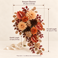 Buket Pengantin Buatan Warna Cokelat Oranye, Bunga Mawar Sutra dan Peony Campuran, Buatan Tangan, Realistis, Vintage, Rustic untuk Pernikahan
