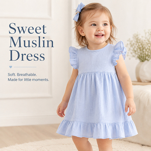 Vestito Estivo per Neonati e Bambini con Maniche a Volant <span class=keywords><strong>in</strong></span> <span class=keywords><strong>Cotone</strong></span> Organico e Garza Stropicciata - Product Image 2