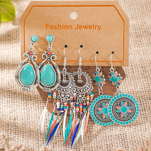 Boucles d'oreilles pendantes tendance pour femme en alliage argenté tibétain avec turquoise sertie, motif floral, style bohème, ensemble de bijoux - Product Image 1
