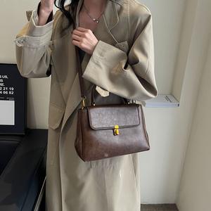 Multiple colors available Dark gray retro style handbag, <b>gold</b> lock embellishment, women's fashionable shoulder crossbody <b>bag</b> - Product Image 4