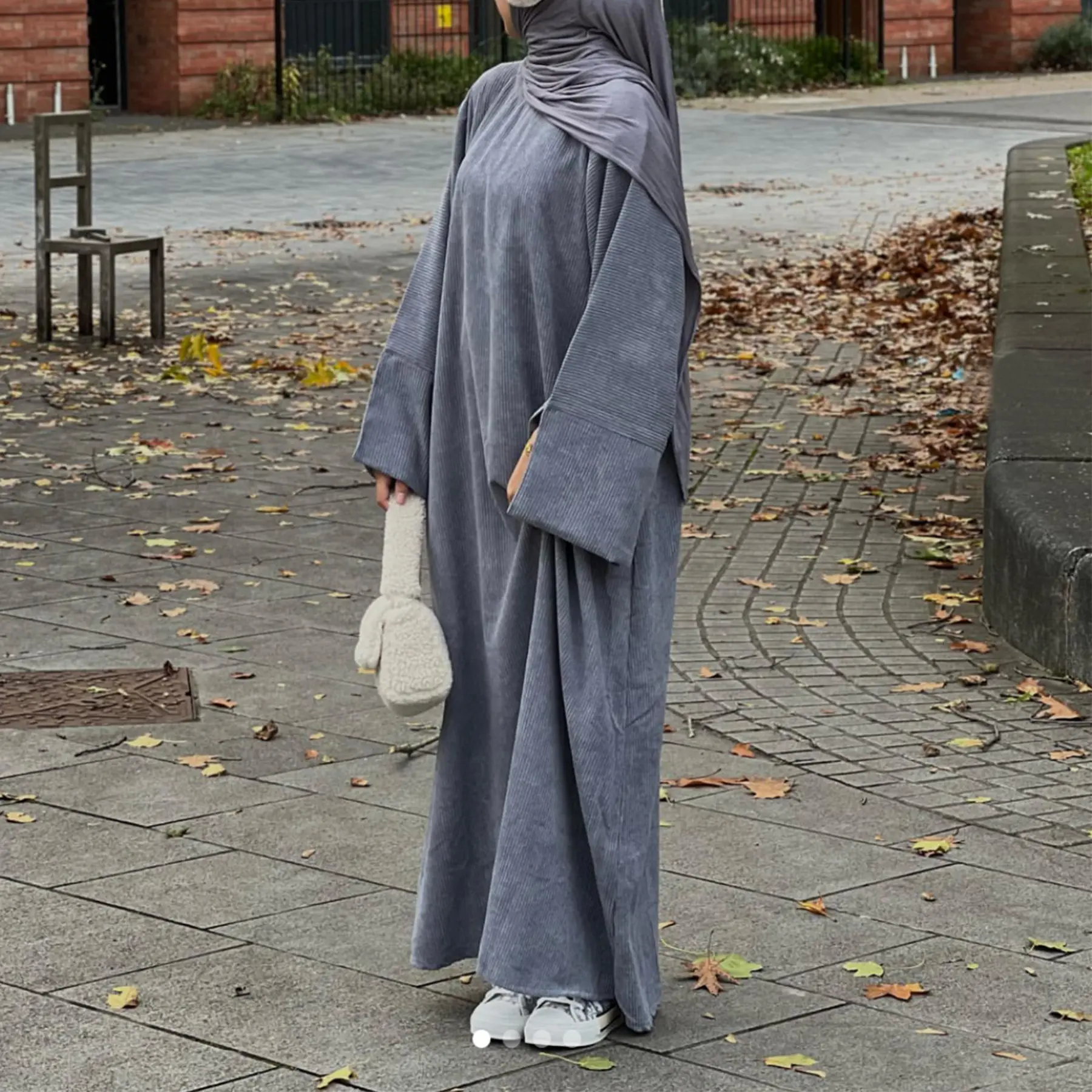 354เดรสผ้าลูกฟูกมีจีบแขนยาวสำหรับผู้หญิงชุดคลุมมุสลิมชุดเดรสลำลองสำหรับฤดูหนาวฤดูใบไม้ร่วง