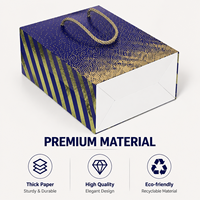 Sac cadeau de luxe bleu et or, sac de shopping en papier imprimé élégant avec poignée en corde, emballage haut de gamme pour bijoux de mariage et de fête