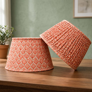 Premium Linen Lampshade | Orange <b>Botanical</b> Block <b>Print</b> Linen Fabric Lampshade | Decorative Drum Shade for Table, Floor - Product Image 3
