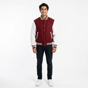 Custom Men's <b>Red</b> Genuine Leather Winter Varsity <b>Jacket</b> Stand Collar Embroidered Front Logo <b>Waterproof</b> Windproof Breathable - Product Image 1