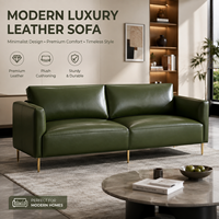 Canapé en cuir vert olive avec pieds dorés, design minimaliste et épuré, confort profond, robuste, élégant, moderne, pour salon