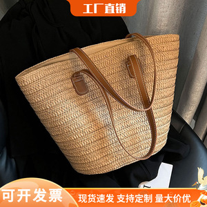 Women's <b>straw</b> <b>bags</b>, large capacity, new style, vacation beach <b>straw</b> <b>bags</b>, woven vegetable baskets, commuter tote bucket <b>bags</b> - Product Image 5