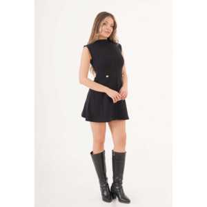 Robe Courte Sans Manches à Col Montant en Viscose Noire, Polyvalente pour le Bureau, les Soirées et les Fêtes, Taille XS, Élégante et Formelle - Product Image 4