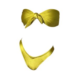 Maillot de bain de luxe 2 pièces pour femme, sexy, ajustable, en satin, style bandeau noué, sans bretelles, coupe haute - Product Image 6