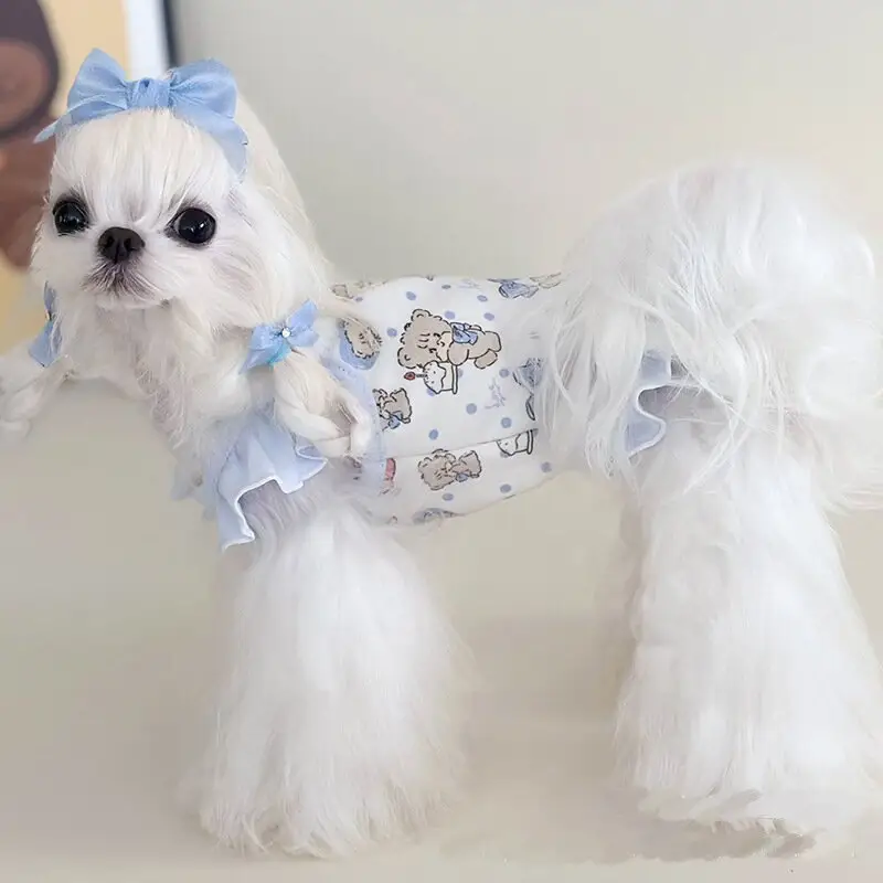 Bonito Vestido de manga voladora para mascotas con ropa estampada de algodón puro para gatos y perros