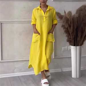Tốt Nhất Bán Cộng Với Kích Thước Dài Dresses Phụ Nữ Giản Dị Cotton Linen Vải Nửa Tay Áo Ve Áo Maxi Dress Phụ Nữ Với Túi - Product Image 1
