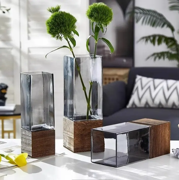 Светлая Роскошная современная стеклянная ваза квадратная с деревянным основанием гидропонная ваза для растений