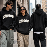 Hoodie Custom Puff Print Berkualitas Tinggi, Berat 380GSM, OEM, MOQ Rendah, Ukuran Besar, Model Kotak, Bordir Logo di Lengan, untuk Pria