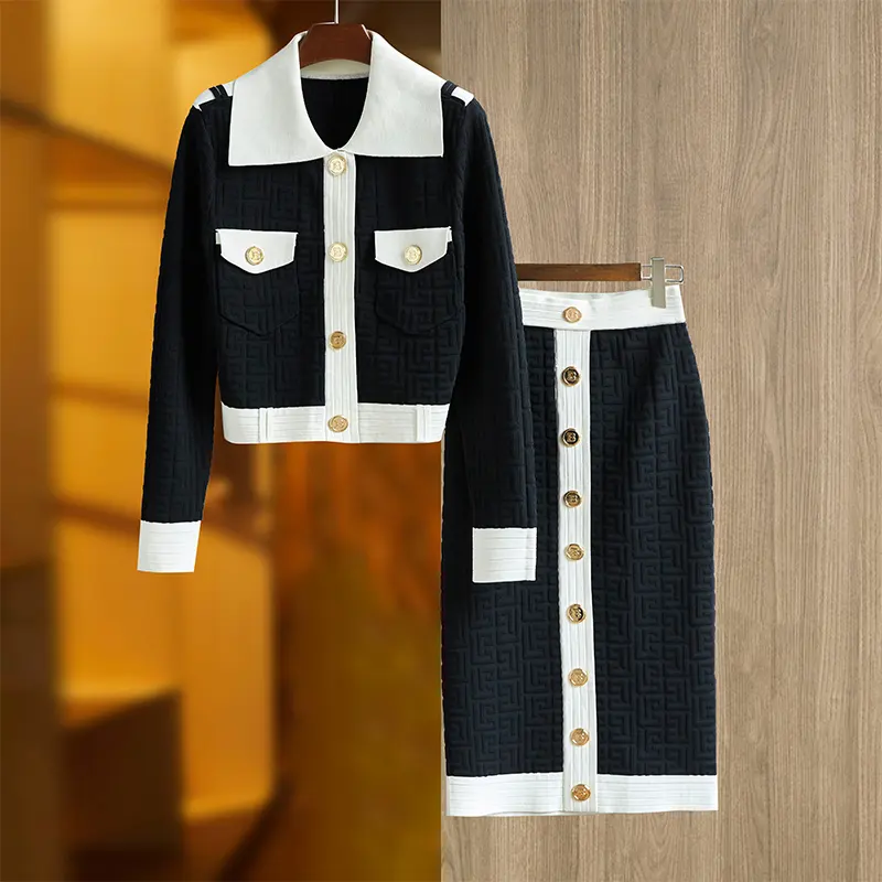 Recommended Elegant Design New Fall Spring Black Geometrical Knitting Skirts Sets Women 2 Pieces Outfits 2022 Sweater Suits