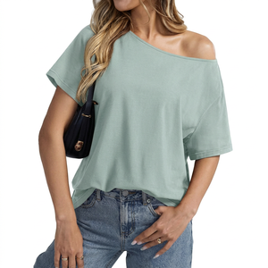 Camiseta Casual de Mujer con Hombros Descubiertos, 100% Algodón, Estampado Personalizado, Manga Corta, Top de Moda de Verano - Product Image 1