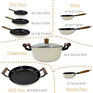 Không Dính Ánh Sáng Trọng Lượng Men Đúc Sắt Đồ Nấu Nướng Thiết Lập Không Độc Hại Nhà Bếp Đồ Nấu Nướng <span class=keywords><strong>8Pcs</strong></span> Nấu Ăn Đặt Nồi Và Chảo Đặt Tay Cầm Bằng Gỗ - Product Image 6