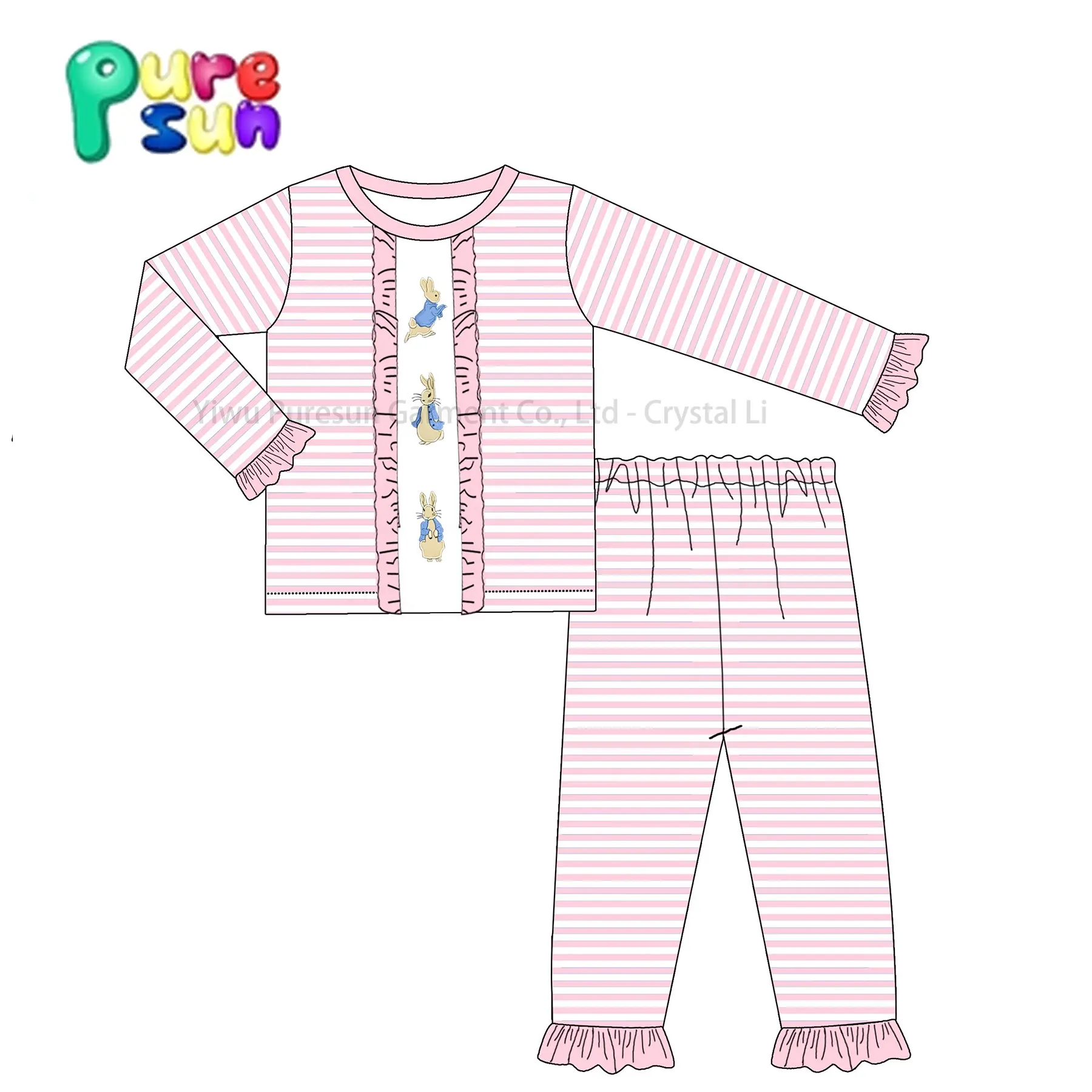 Puresun neuesten Designs Kinder Ostern Pyjama Set Faux Smocked Nachtwäsche Strick Baumwolle 2 Stück Mädchen Nachtwäsche Set