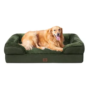 China Cheap Orthopedic Rectangle Dark Green Pet Bed Bug Proof Short Plush Large Dog Bed With 4 Sides Pillow