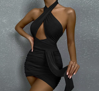 Soldes de Liquidation Liu Ming Robe d'Été Sexy Mini Moulante à Dos Nu et Découpes pour Fête Club Style Halter Froncé Effet Drapé XS pour Femme