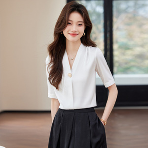 Women's Chiffon Short Sleeve Blouse Solid Color V Neck Office Shirt Polyester Fabric Sheer Layer Design - Product Image 3
