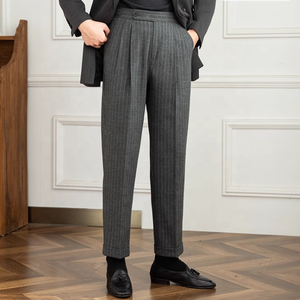 Pantalons d'hiver pour hommes, taille haute réglable, décontractés, pour le travail, rayés, en laine, pantalon de costume pour hommes, 2024 - Product Image 2