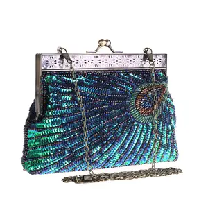 Supplier wholesale ethnic style ladies sequin beaded clutch bag metal retro peacock crossbody bag luxury women party evening bag