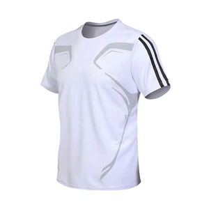 Men's <b>White</b> Short Sleeve Crew <b>Neck</b> Moisture Wicking Polyester Tennis <b>T</b>-<b>Shirt</b> Regular Fit Striped Pattern Sublimated Print - Product Image 1