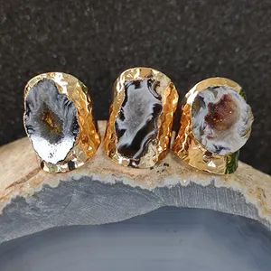 Newest gold plated irregular natural brazil agate geode druzy quartz gemstone rings charm jewelry