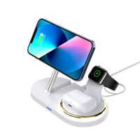 Station de charge magnétique sans fil de bureau 15W, support de téléphone pliable en métal, chargeur d'écouteurs, support de montre avec lumière LED USB