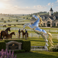 Sculpture de Pégase en acier inoxydable, statue de cheval ailé en position de levage, finition polie miroir, art public extérieur pour place publique