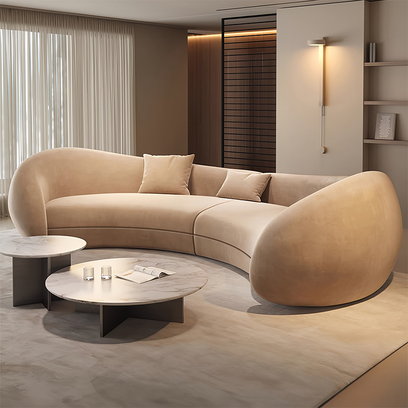 Modern Cream Semi-Circular Sofa – Designer Moon-Shaped Lamb Velvet Couch with Soft Sponge Filling for Living Room & Lounge