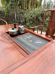 Mesa de Té de Madera Maciza de Sándalo Rojo y Caoba con Diseño de Peonía, Mesa de Recepción con Encaje de Espiga y Tenón, Mesa de Té de Madera - Product Image 4